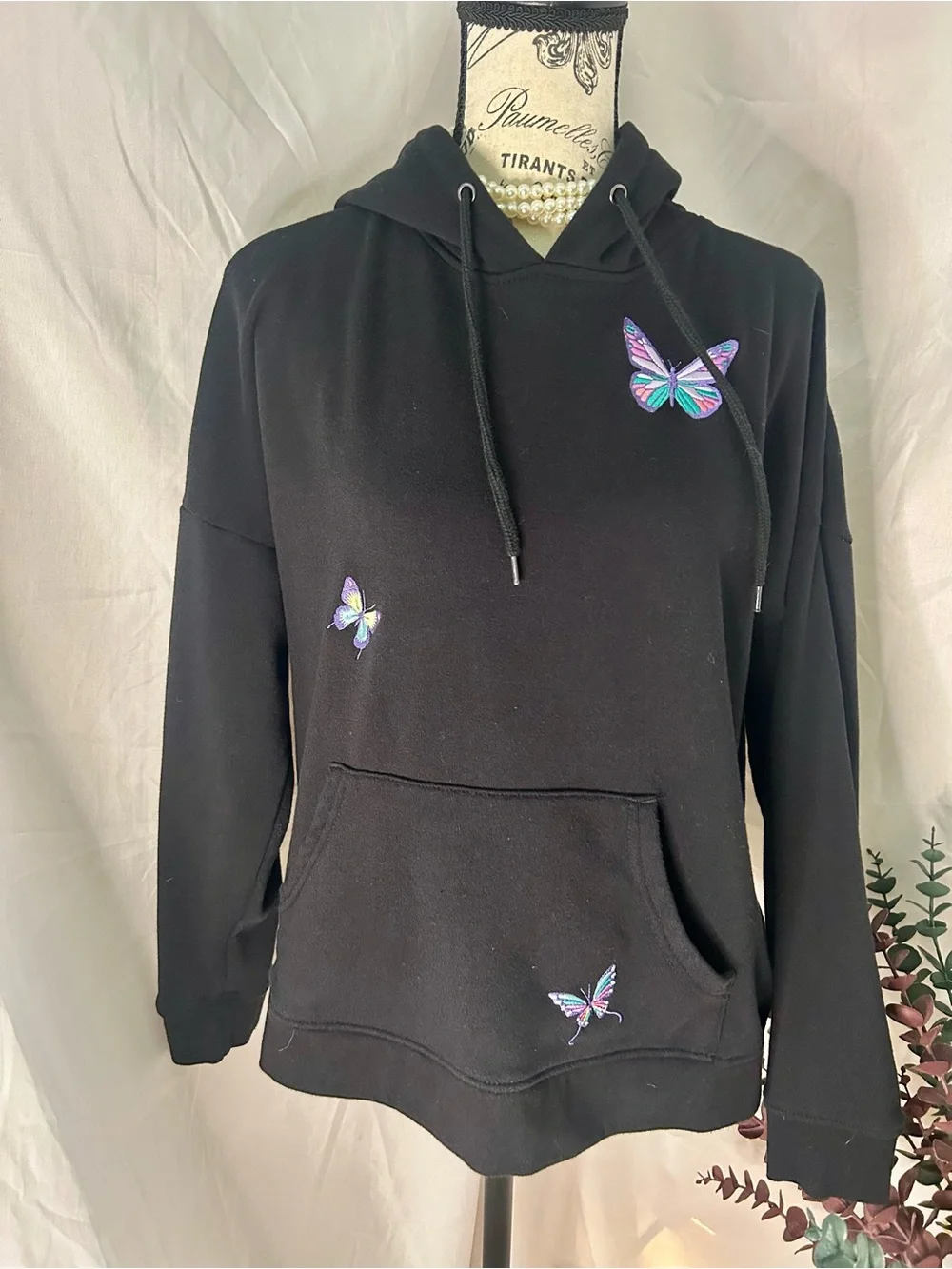 Women's Black Pullover Hoodie with Colorful Butterfly Accents